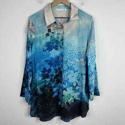 Soft Surroundings Shirt Womens Large Blue Floral Button Whimsygoth Dark Romantic - Image 1 of 4