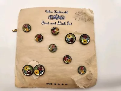 Vintage La Mode Ultra Fashionable Stud & Link Set Colorful Flowers - Image 1 of 4