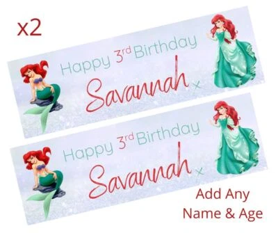 MADVINYL 2x Personalised Disney Mermaid ARIEL Birthday Banner LARGE Kids Party Poster