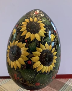 Hand -Painted  Wooden Lacquer Sunflower Ukraine Egg 6 Inch - Picture 1 of 10