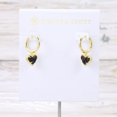 NWT Kendra Scott Ari Heart Black Drusy Huggie Earrings Gold Plated - Image 1 of 4