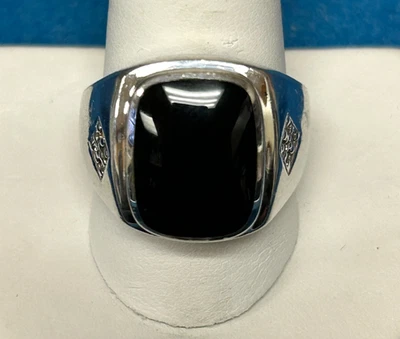 Anillo de ónix negro de plata de ley para hombre con detalles de piedra transparente - talla 11 - 12,3 g Foto 1 de 4