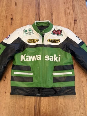 Kawasaki Leather Racing Motorcycle Jacket Green Men Size M Medium Good Used Cond - Image 1 of 4
