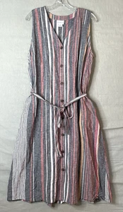 Vestido Liz Claiborne Mujer XXL Maxi Sin Mangas Botones Mezcla de Lino Rayas - Imagen 1 de 13