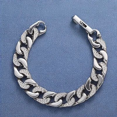 Pulsera de eslabones cubanos helados tono plata para hombre hip hop joyería de moda 22,3 cm Foto 1 de 4