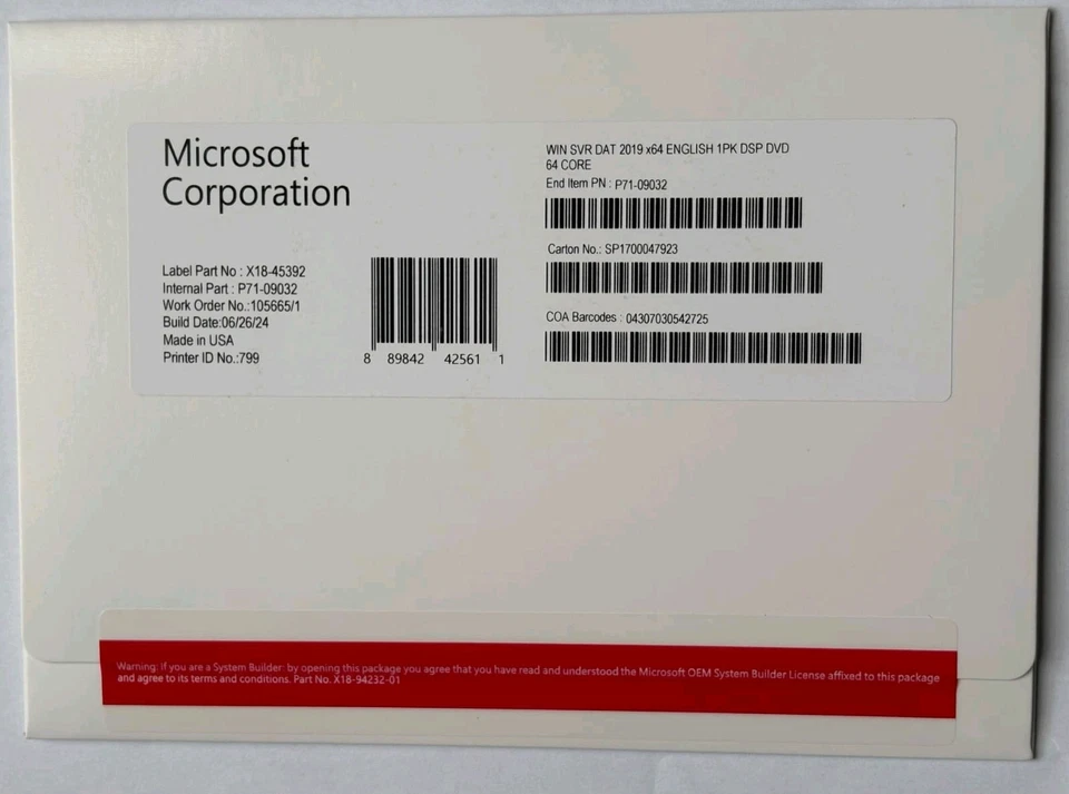 Microsoft Windows Server 2019 Datacenter 24 Core DVD & License Key(NEW & SEALED) - Image 1 of 1