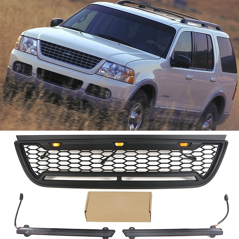 Parrilla delantera negra apta para Ford Explorer 2002 2003 2004 2005 parrilla con barra LED Foto 1 de 4