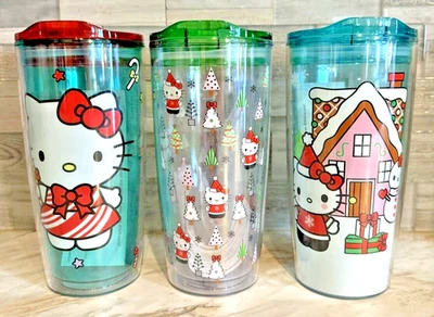 Lote de 3 Vasos de Navidad Hello Kitty con Tapas Bebibles Árbol de Pan de Jengibre de Santa Foto 1 de 4
