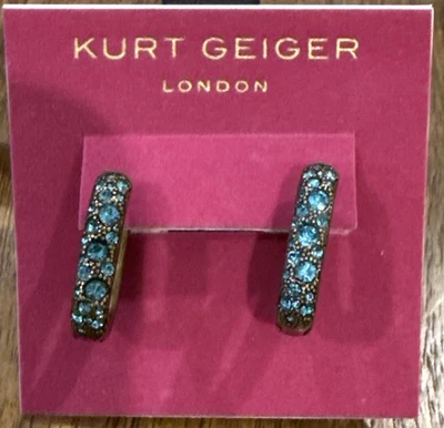 Kurt Geiger London Earrings Blue Faceted Crystals Pavé Oval Hoop Brass Tone - Image 1 of 4