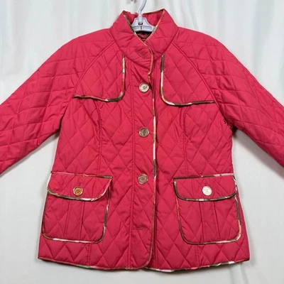 Chaqueta Acolchada Pamela McCoy Niebla Borde Floral Botón Frontal Rosa Mujer LEER Foto 1 de 4