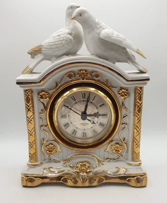 Imperial Seto Doves China Clock Quartz Movement Ceramic White Gold Birds - Image 1 of 4