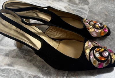 Vintage Gucci Black Velvet multicolored stone moons kitten heel sz 8B - Image 1 of 4