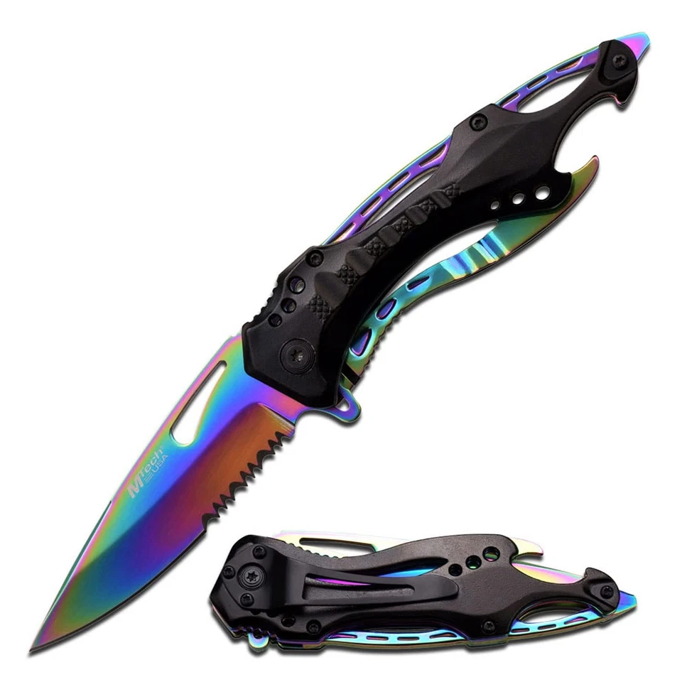 MTech Rainbow Combo Blade / Black Aluminum Folding Pocket Knife - MT-705RB