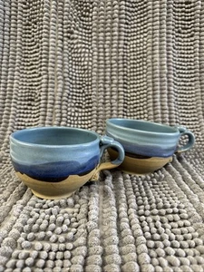 2 Pottery Handmade Mugs/Bowls - Perfect Condition - Blue Striped - 16 oz - Picture 1 of 16