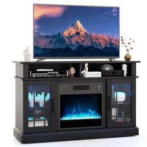 TV Stand w/ Electric Fireplace LED Lights Remote Controls Storage Cabinets - Picture 1 of 10