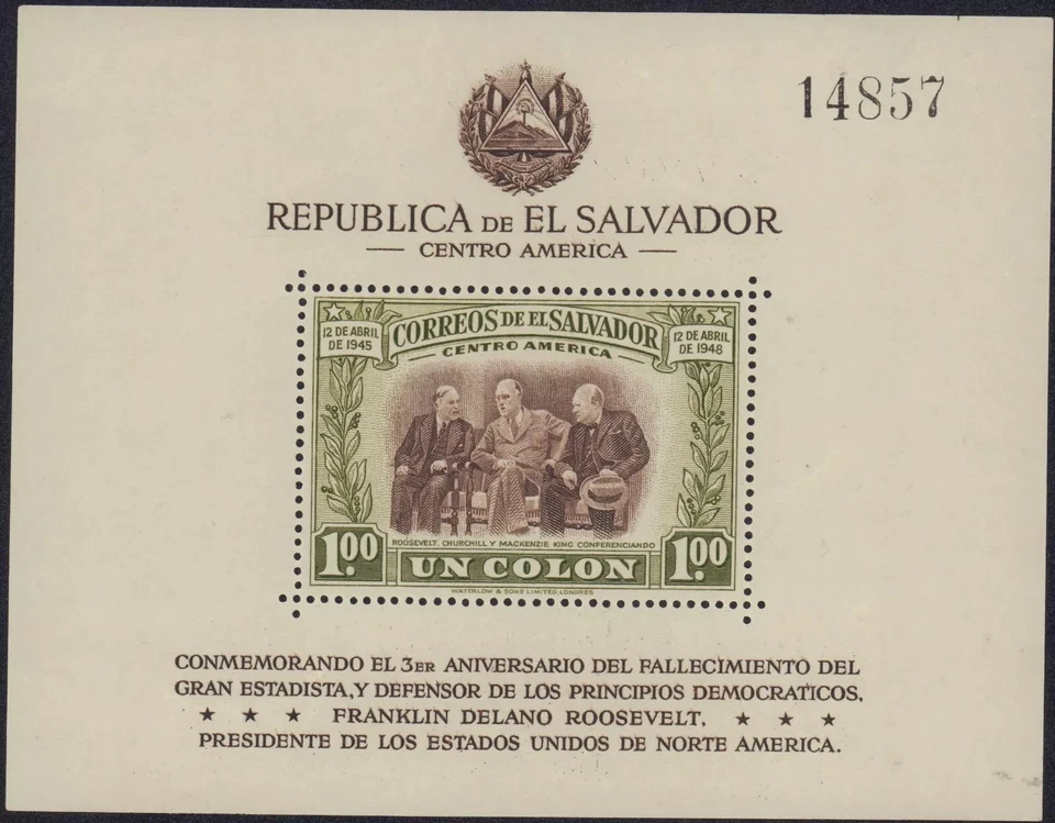 Folha de lembrança EL SALVADOR D. ROOSEVELT # 612 ESTADO PERFEITO, SEM MARCA DE CHARNEIRA - Imagem 1 de 1