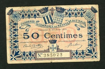FRANCE RENNES & ST. MALO 50 CENTIMES 1915 CHAMBRES DE COMMERCE  F-VF. - Image 1 of 2