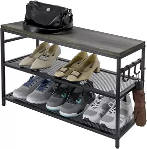 Black Metal and Gray Wood Entryway Shoe Rack with 4 Hanger Hooks, Shoe Rack - Picture 1 of 7