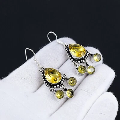 Citrino Multi Gemma Argento Fatto a Mano 925 Sterling Orecchini Per Women - Immagine 1 di 4