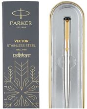 Parker Vector Steel GT Ball Pen Fine New Boxed SS Gold Trim Blue Ink Classic NIB