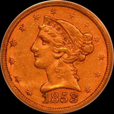 1853 $5 U.S. Liberty Head Gold Half Eagle No Motto PCGS XF40 OGH Cover