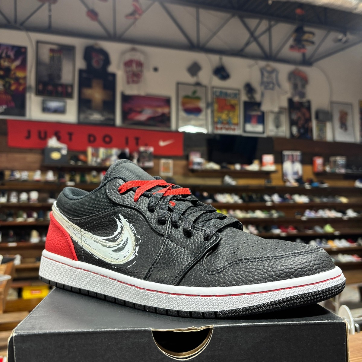 Jordan 1 Low Brushstroke Swoosh - Black Red for Sale