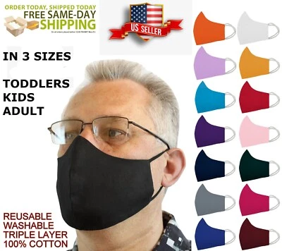 IN 3 SIZES Triple Layers 100% Cotton Face Mask Washable Reusable W/Filter Pocket - Image 1 of 4