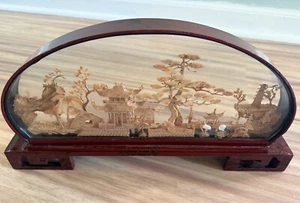 Antique Chinese Cork Wood Engraved Scene Artwork Lacquer Handcrafted VTG Asian - Picture 1 of 9