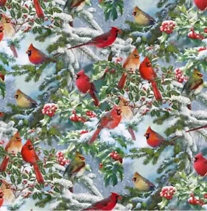 David  Textiles - Red Cardinals And Evergreens Quilting and Crafting Fabric - Picture 1 of 2