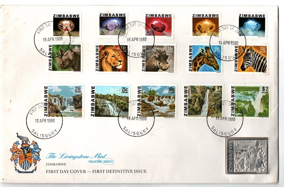 Zimbabwe 1980 First Definitive Issue Livingstone Mint FDC Silver Coloured $2 - Image 1 of 3