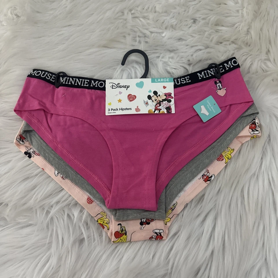 Disney Mickey Minnie paquete de tres ropa interior hipster grande nuevo con etiquetas rosa San Valentín Foto 1 de 4