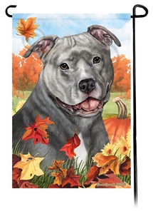 Falling Leaves Garden Flag - Uncropped Blue Pit Bull - Picture 1 of 1
