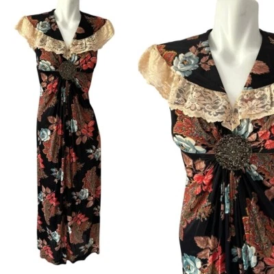 Maxi Vestido Medallón De Encaje Floral Oscuro Corky Craig California Años 70 De Colección Talla Mediana Foto 1 de 4