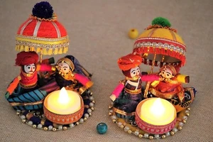 Rajasthani Raja Rani Puppet | Dolls Decorative Tealight Candle Holder | set of 2 - Picture 1 of 4
