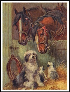 ANTIGUO CARTEL DE IMPRESIÓN DE ARTE DE PERRO PASTOR INGLÉS CACHORROS CABALLOS ESTABLO ESTILO VINTAGE - Imagen 1 de 1