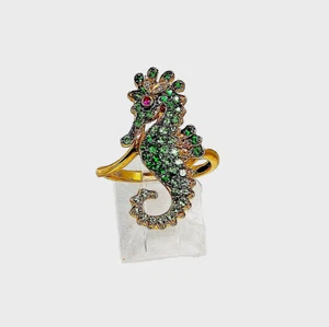 18k, SEAHORSE RING, GREEN TSAVORITES, MULTI GEM, DIAMOND, RUBY, AQUATIC, NATURE - Picture 1 of 10