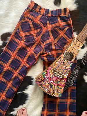 Pantalones Hippy Pantalones De Colección Años 70 Pana Campana Rayas Cuadros XS P 26" Foto 1 de 4