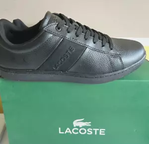 New Lacoste Carnaby Evo 319 Leather Sneakers Shoes Ortholite Black Men Sz 8 - Picture 1 of 10