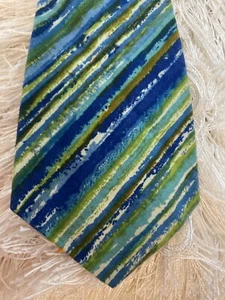 VTG  Tie 1960s 1970s Blues & Greens Stripes Cotton Necktie Mod Disco - Picture 1 of 7