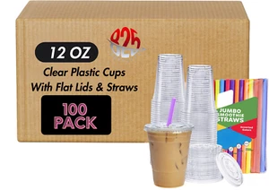 12 OZ Disposable Clear Plastic Cups with Flat Lids and Straws Cup Smoothies - Picture 1 of 4