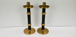 Ambrosia Vtg Gothic Mid Century Modern Black/Blue Brass Candle Holder Set India - Picture 1 of 11