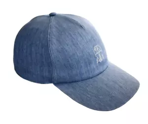 🆕️BRUNELLO CUCINELLI Blue LOGO-Embroidered LINEN DENIM BASEBALL BALL Cap Hat M - Picture 1 of 13