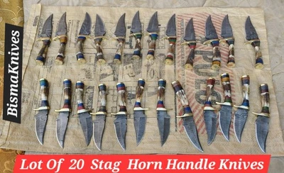 Lote de 20 CUCHILLOS DE CAZA DESOLLADORES DE ACERO DAMASCO HECHOS A MANO 6 pulgadas con funda de cuero Foto 1 de 4