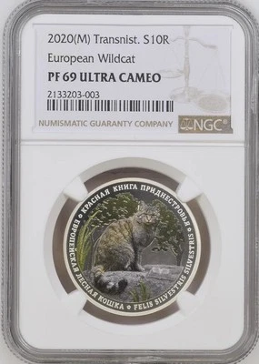 Transnistria European Wildcat 2020 .925 plata NGC PF69 ultra camafeo bajo como nuevo 200 Foto 1 de 4