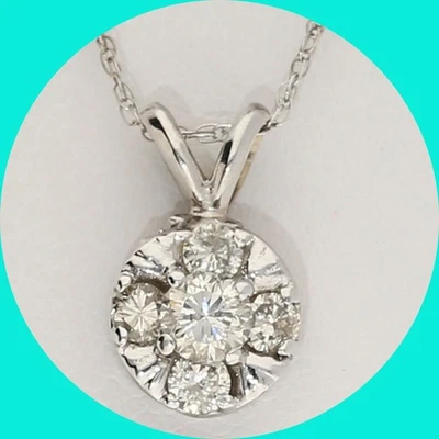 Natural Diamond Cluster Pendant Necklace .53CT 14K WG 18”Chain - Image 1 of 4