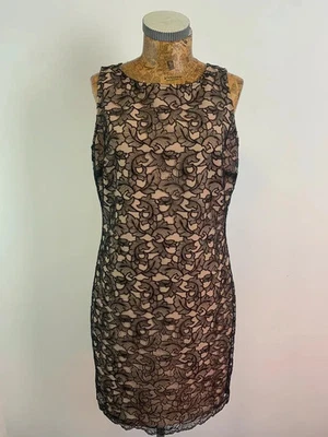 Linea Dress 12 Black Floral Lace beige Sheath Stretchy Keyhole Sleeveless Midi - Image 1 of 4