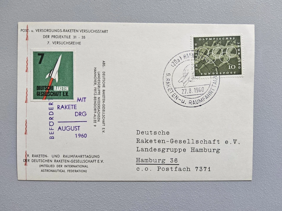 Raketenpost 1960 anl. 9. Raketen- und Raumfahrttag d. Dt. Raketen-Gesellschaft  - Bild 1 von 1