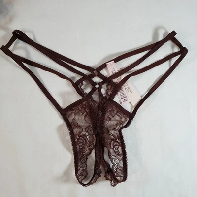 Tanga Victoria's Secret de encaje con tiras sin entrepierna mediana marrón borgoña Foto 1 de 4