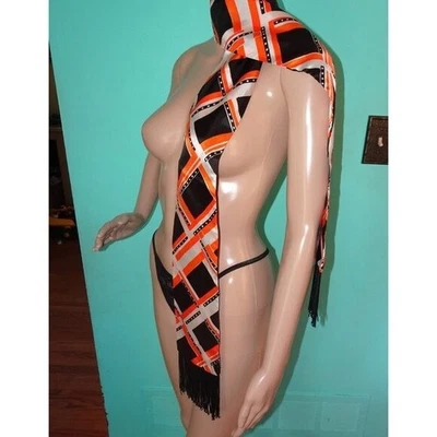 复古黑色橙色和白色长几何围巾带条纹 1970 年代领巾 — 第 1/4 张图片