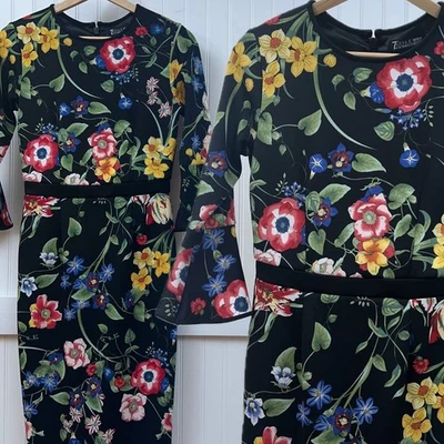 7th Avenue NY&Co Black Floral Colorful Sheath Dress Zipper Bell Sleeve Party XS - Image 1 of 4
